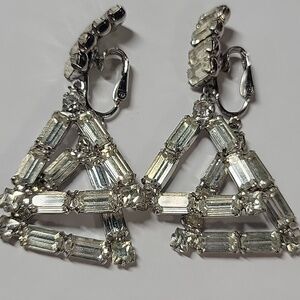 Crystal Triangle Drop Clip-On Earrings - Silver Tone